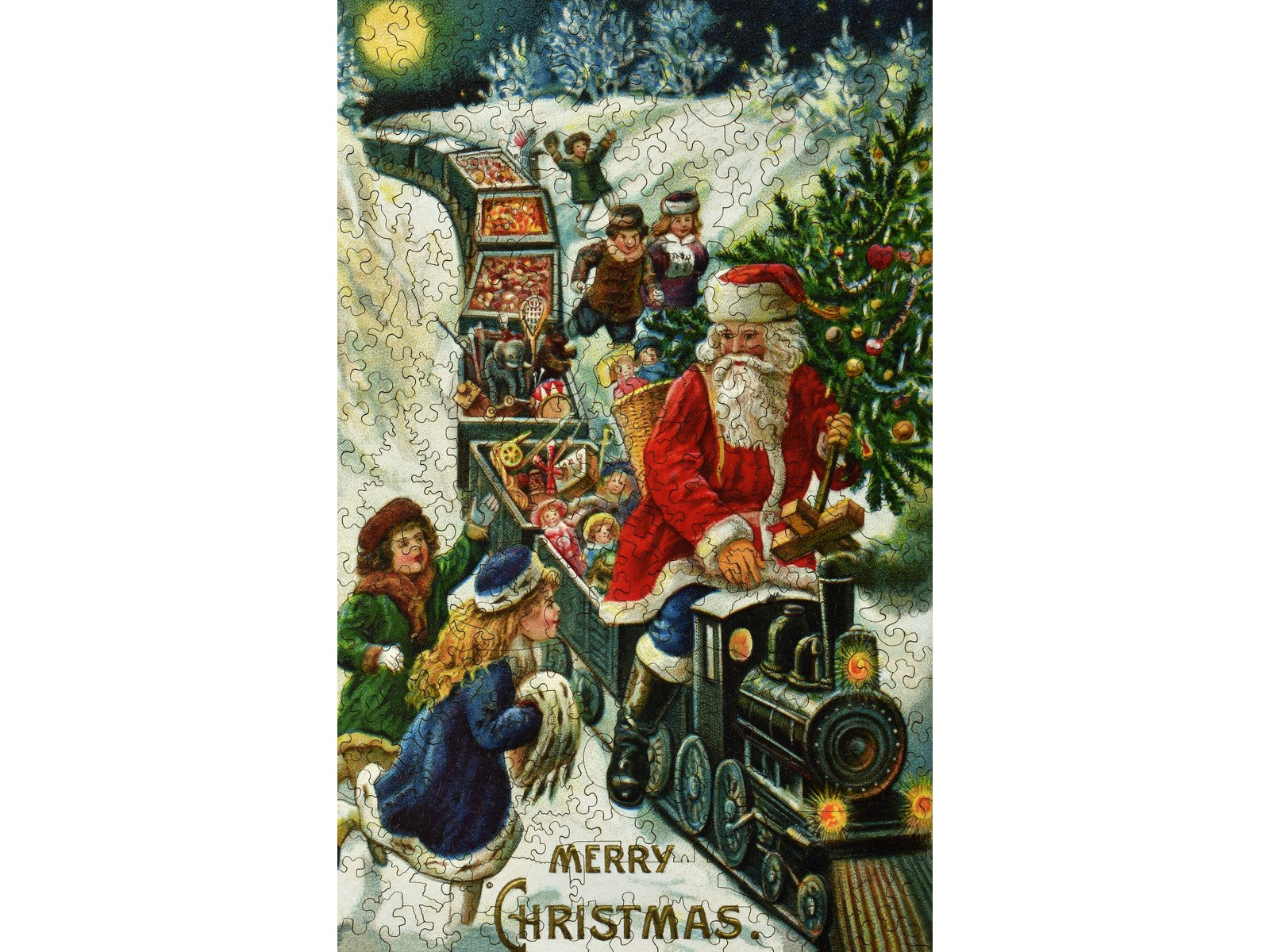 The front of the puzzle, Santa Claus Train, which shows santa driving a train full of presents.