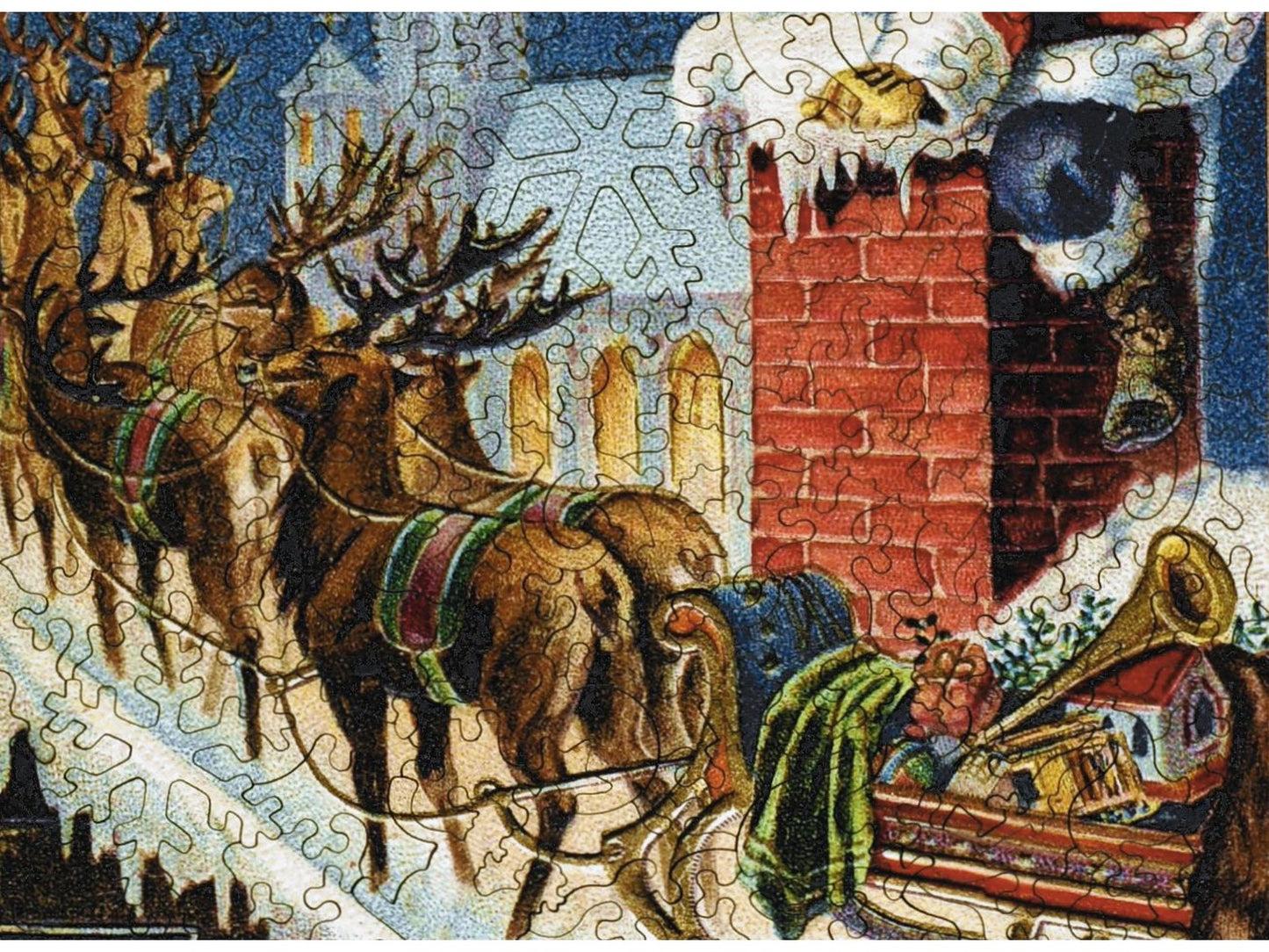 A closeup of the front of the puzzle, Rooftop Reindeer. 