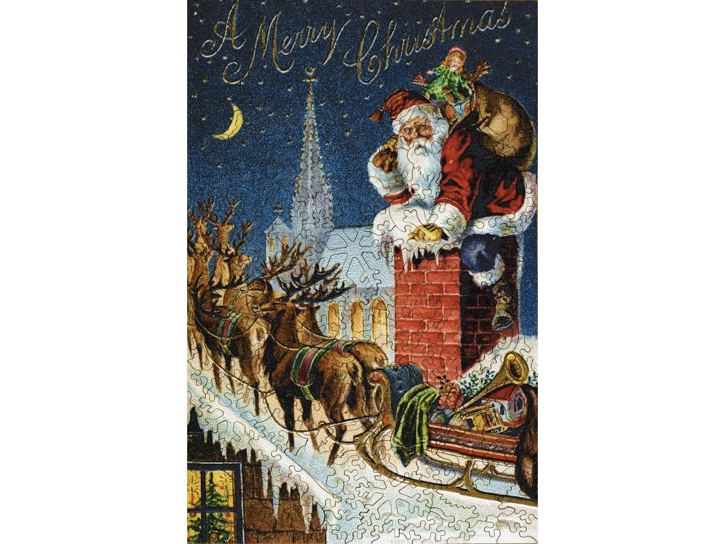 The front of the puzzle, Rooftop Reindeer, showing Santa Claus climbing into a chimney, next to his sleigh and reindeer.