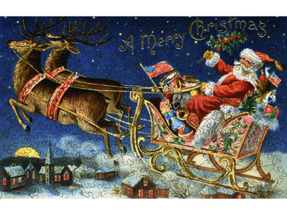 The front of the puzzle, Santa's Sleigh, which shows Santa Claus flying through the night sky in a sleigh pulled by two reindeer.