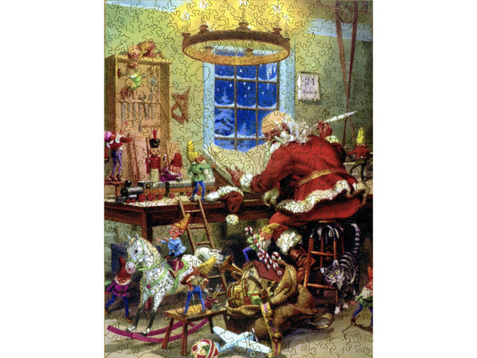 The front of the puzzle Santa's Workshop, which shows Santa and several elves busily working to make toys.
