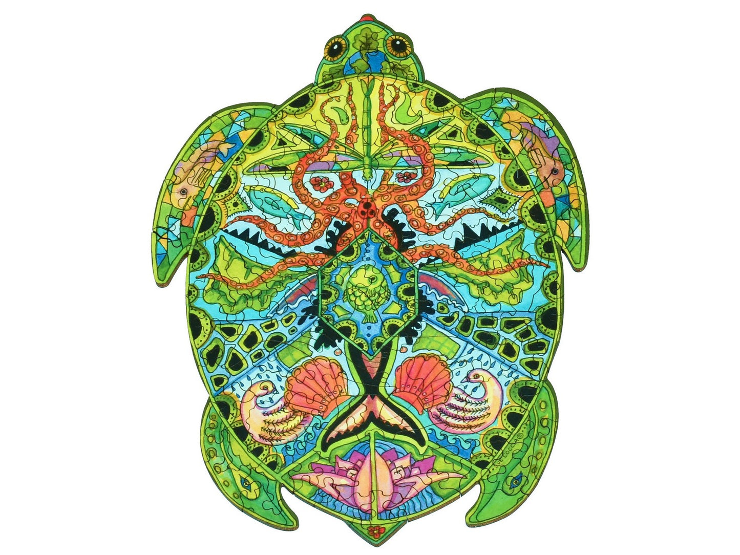 The front of the puzzle, Sea Turtle round, which shows various plants and sea animals in the shape of a sea turtle.