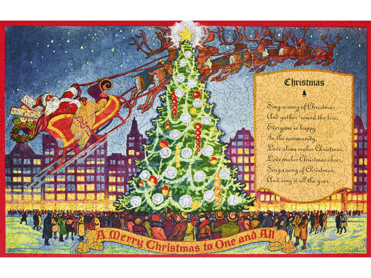 The front of the puzzle, Sing a Song of Christmas, which shows a crowd of people around a christmas tree and santa in his sleigh.