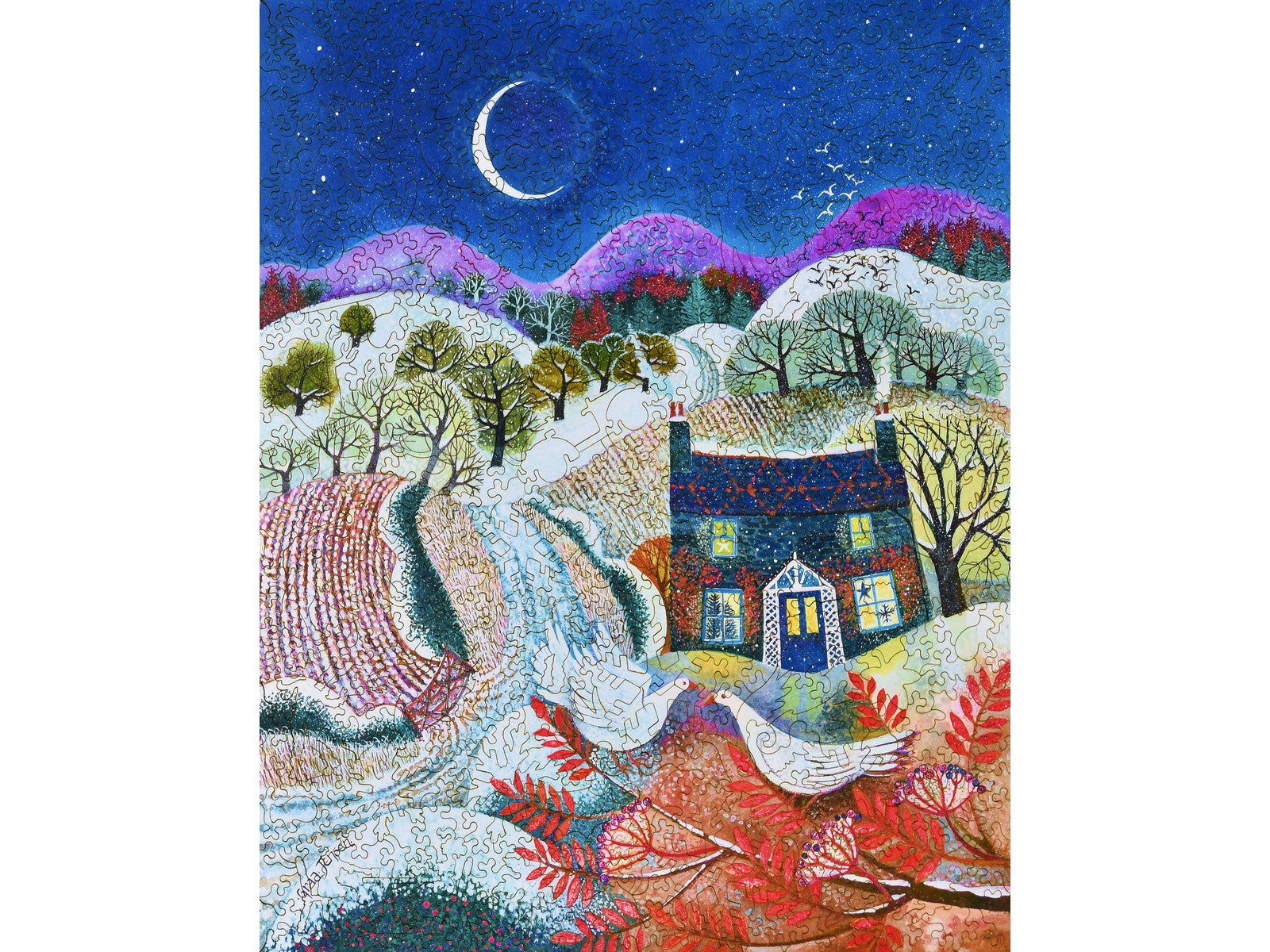 The front of the puzzle, Snowbirds, which shows some birds next to a snowy cottage and farm.