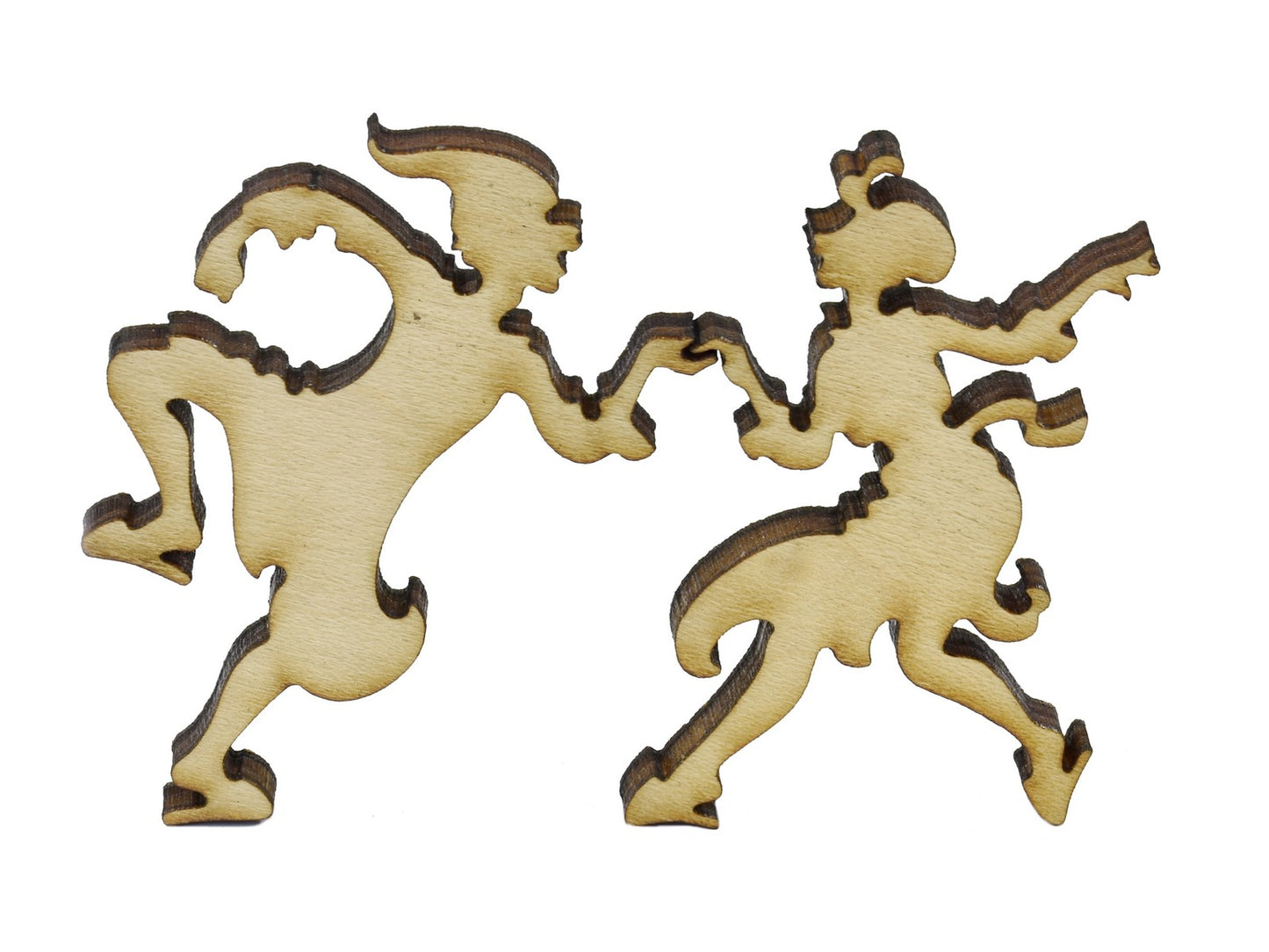 A closeup of pieces in the shape of two people dancing.