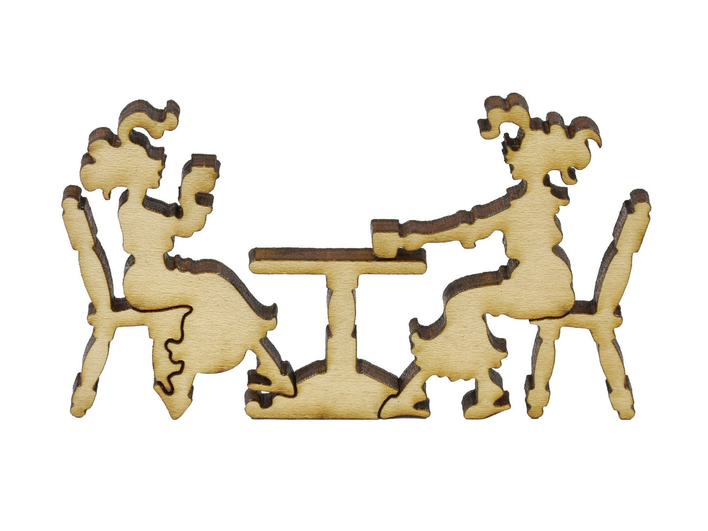 A closeup of pieces in the shape of two people sitting at a table.