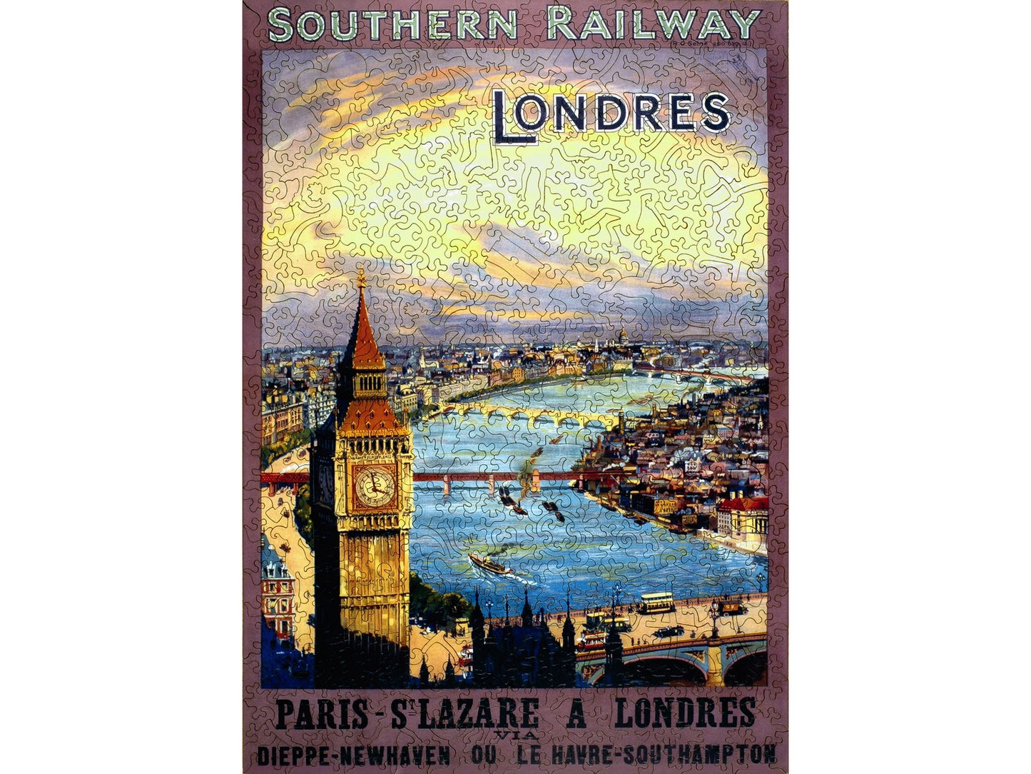 The front of the puzzle, Southern Railway, which shows the city of London with Big Ben in the foreground.