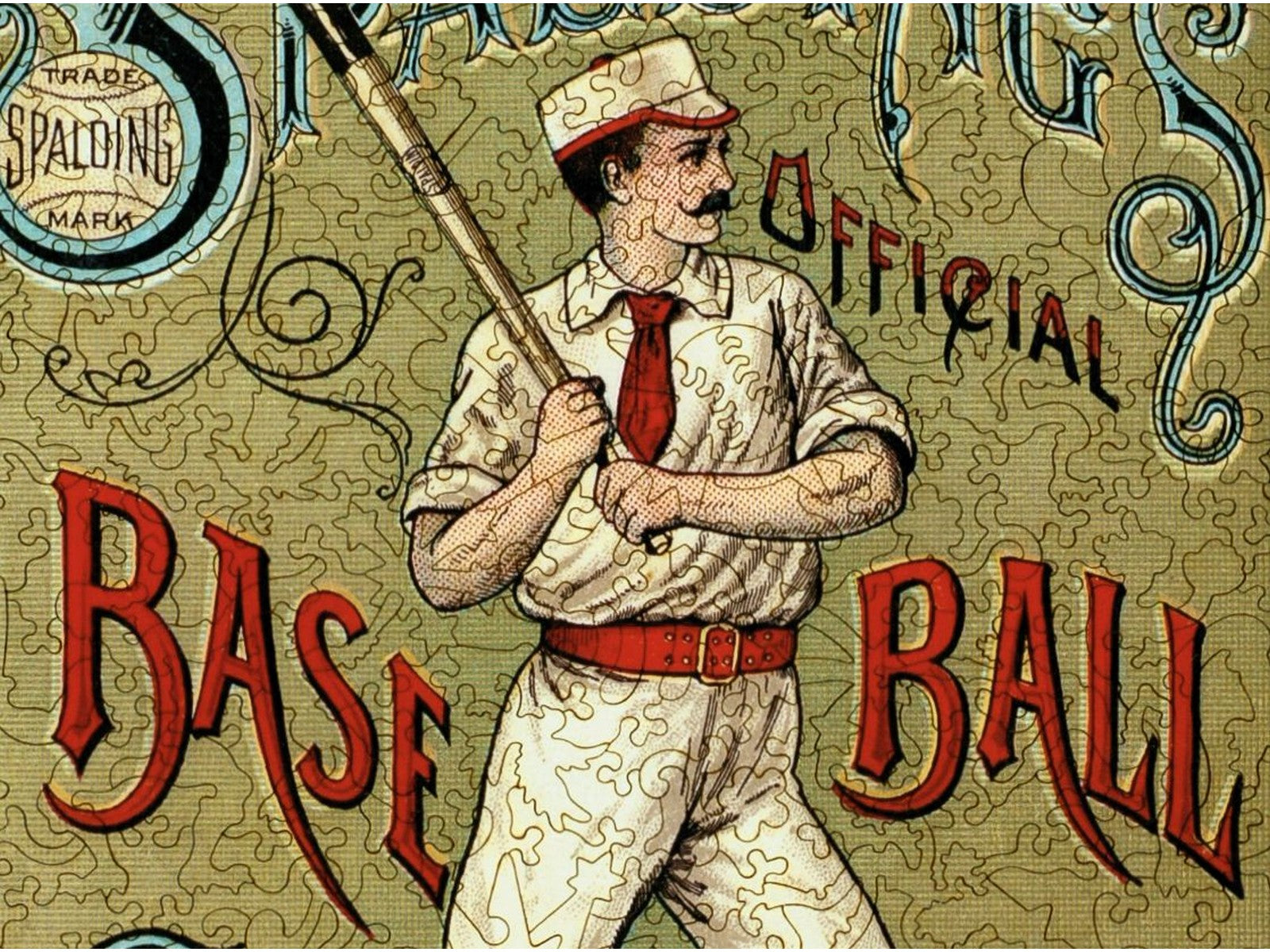 A closeup of the front of the puzzle, Spalding's Baseball Guide.
