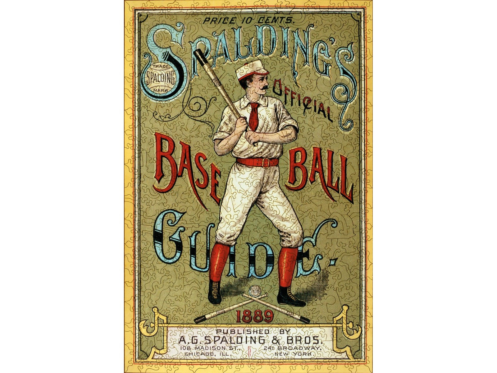 The front of the puzzle, Spalding's Baseball Guide, showing a man dressed in red and white and holding a baseball bat, surrounded by the puzzle title in decorative script.