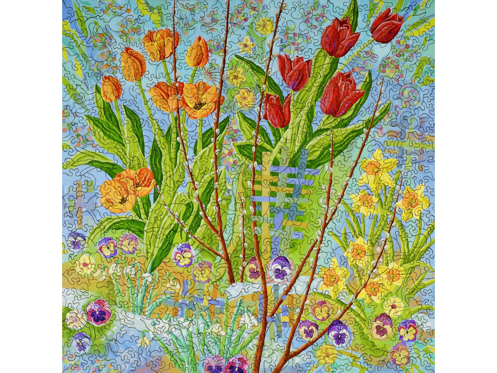The front of the puzzle, Spring Garden, which shows a variety of spring flowers.