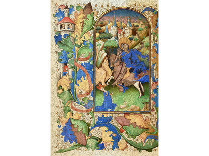 The front of the puzzle, Saint George and the Dragon, which shows a medieval painting of a knight fighting a dragon.