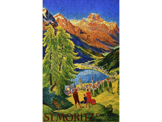 The front of the puzzle, St. Moritz, which shows a valley surrounded by mountains.