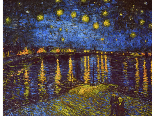 The front of the puzzle, Starry Night Over the Rhone, which shows a river at night, with the stars reflected in it.