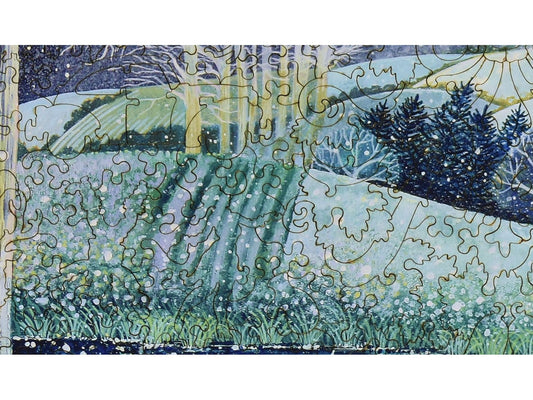 A closeup of the front of the puzzle, Starry River, showing the detail in the pieces.