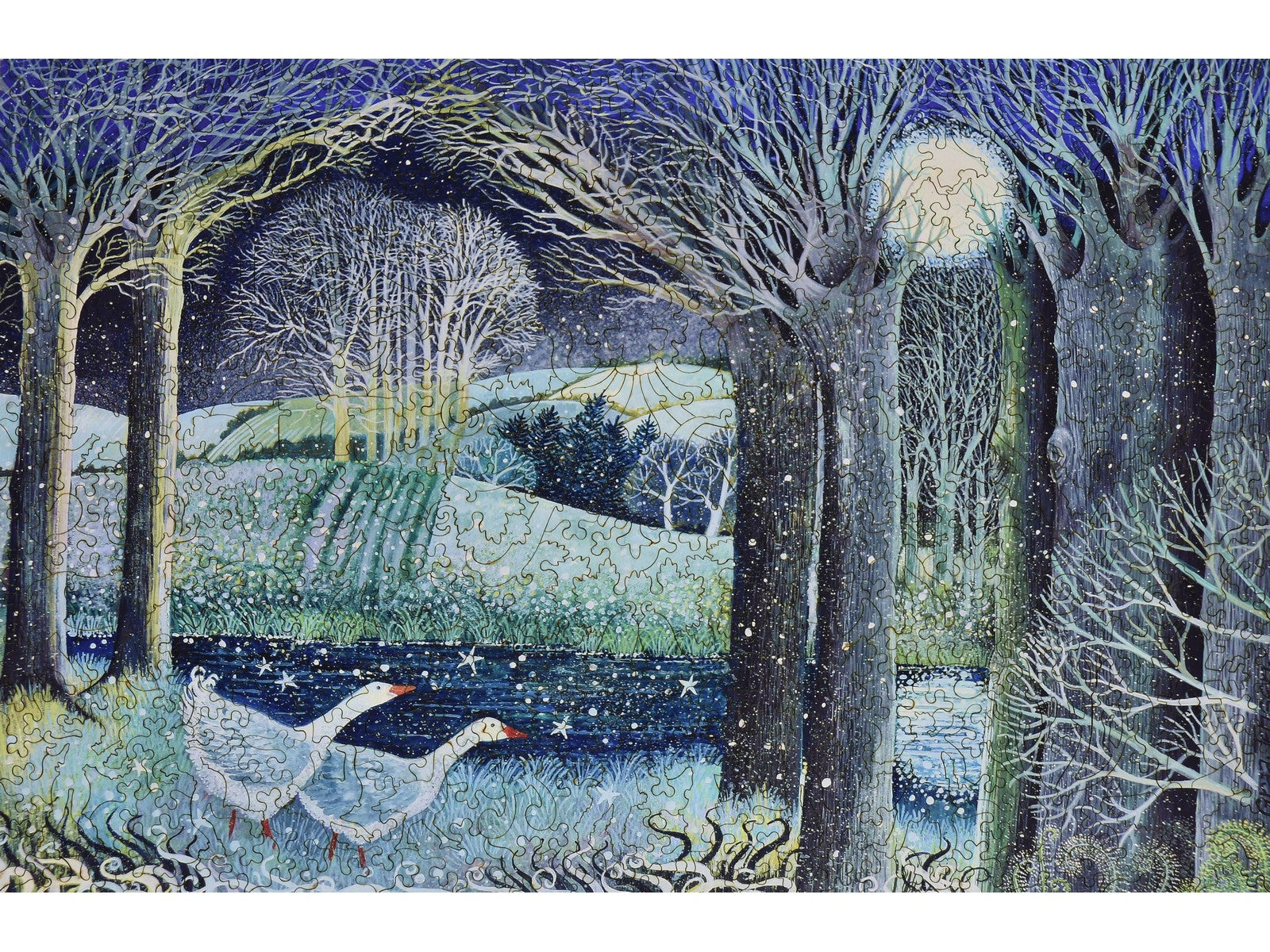 The front of the puzzle, Starry River, with geese by a stream at night in the snowy woods.