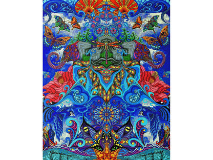 The front of the puzzle, Sugar Magnolia, which shows abstract psychedelic patterns, with butterflies and birds.