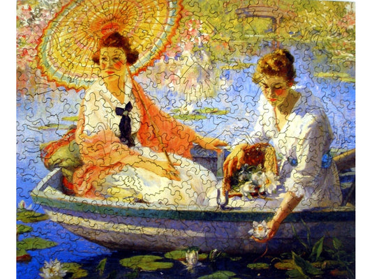The front of the puzzle, Summer 1918, which shows two women in a boat on a pond.