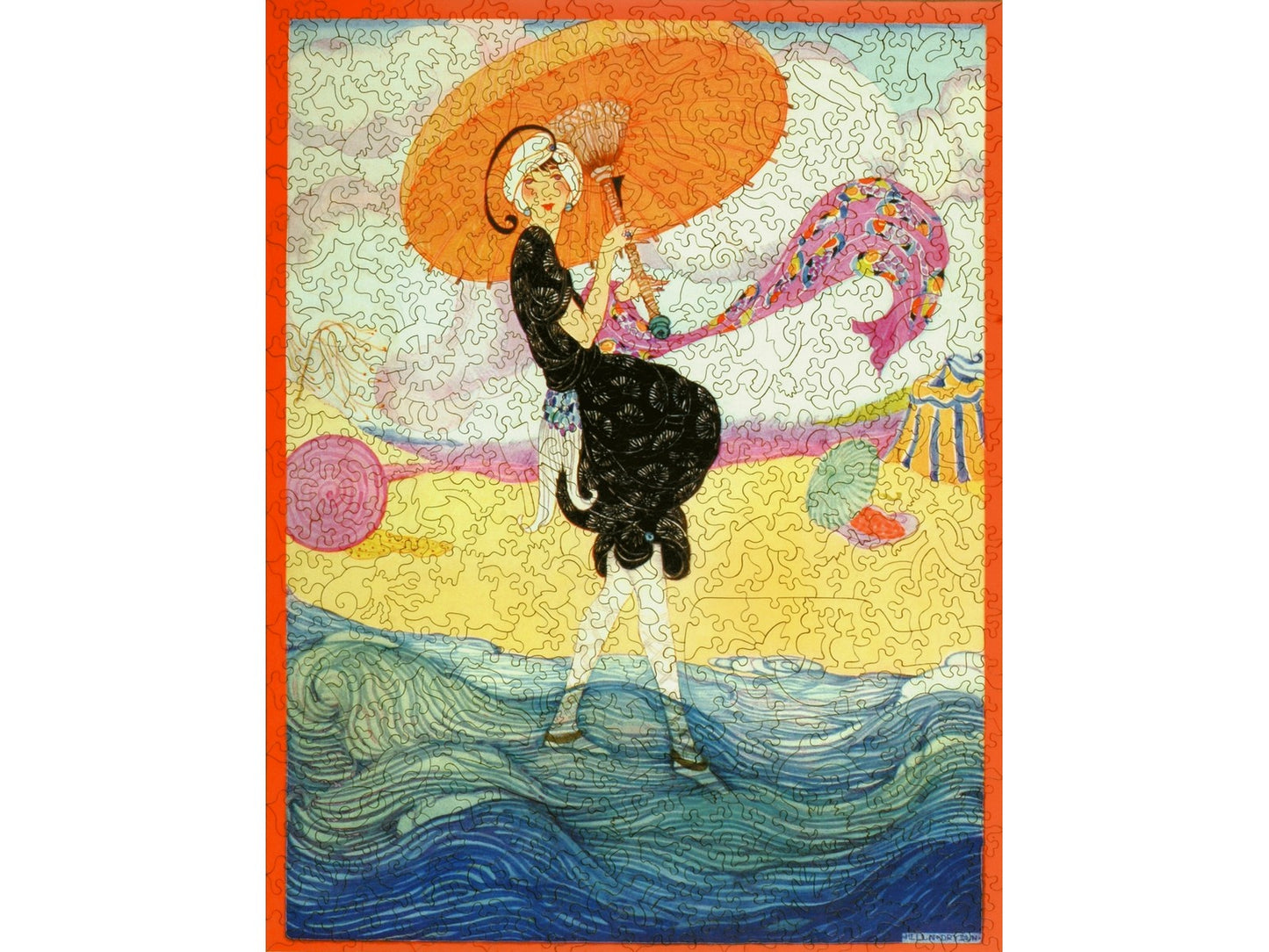  The front of the puzzle, Summer Fashion Number, which shows a woman at the beach holding an orange parasol.