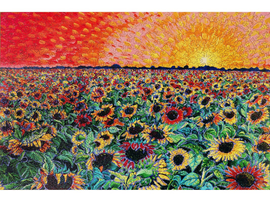 The front of the puzzle, Sunflower Splatter Paint, which shows a field of sunflowers at sunset.