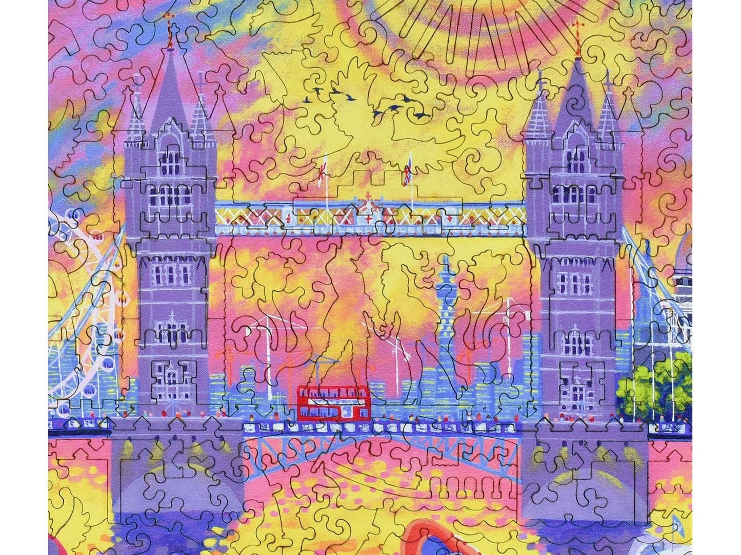 A closeup of the front of the puzzle, Sunset: Pool of London, showing the detail in the pieces.