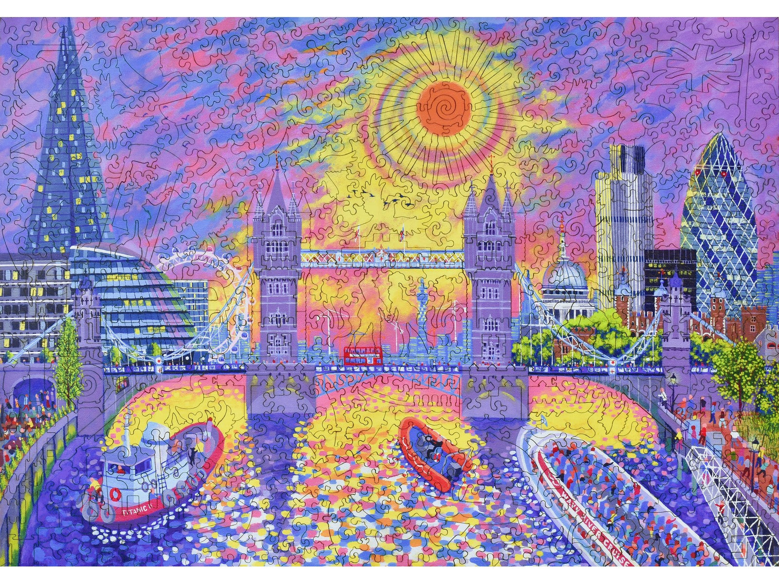 The front of the puzzle, Sunset: Pool of London, with boats on the River Thames and a sunset behind Tower Bridge.