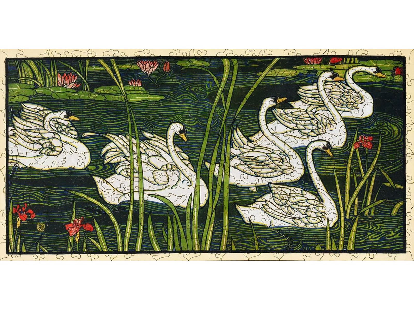 The front of the puzzle, Swans, which has six swans swimming among reeds in a pond.