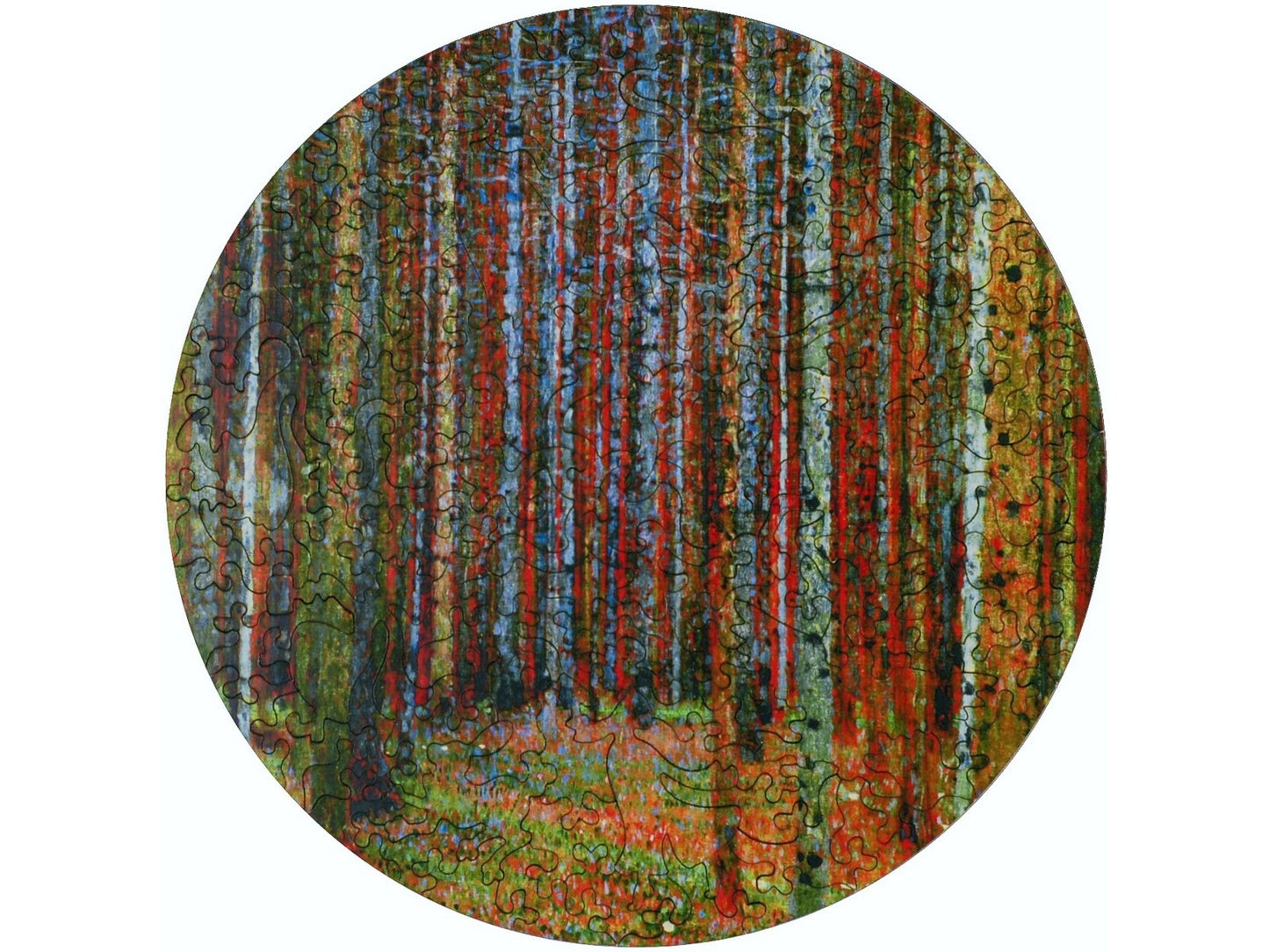 The front of the puzzle, Tannenwald, which shows the trunks of many trees in a forest.