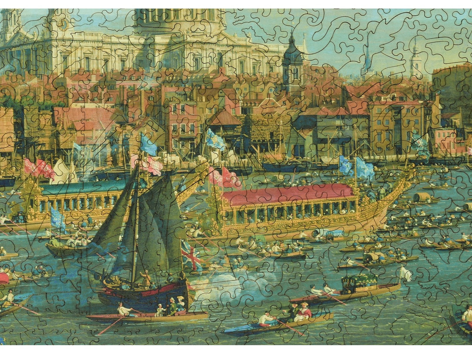 A closeup of the front of the puzzle, The Thames and the City, showing the detail in the pieces.