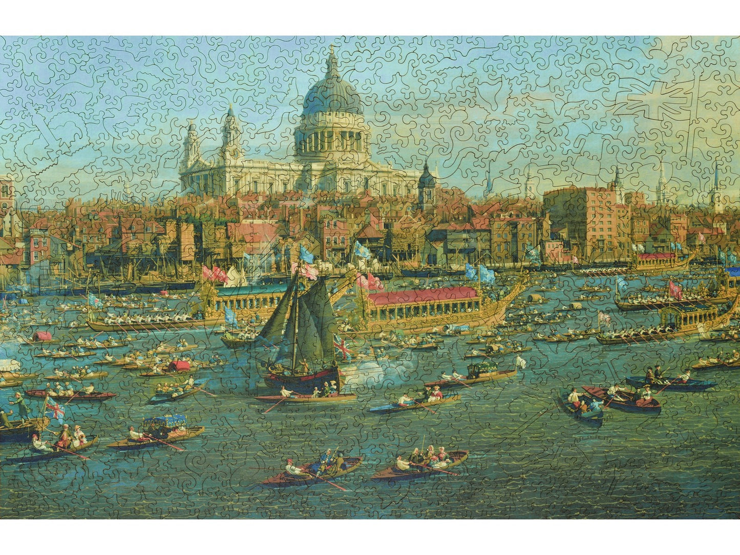 The front of the puzzle, The Thames and the City, which shows a river full of boats in a city.