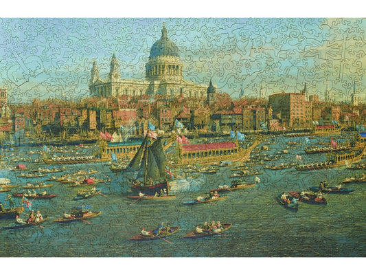 The front of the puzzle, The Thames and the City, which shows a river full of boats in a city.