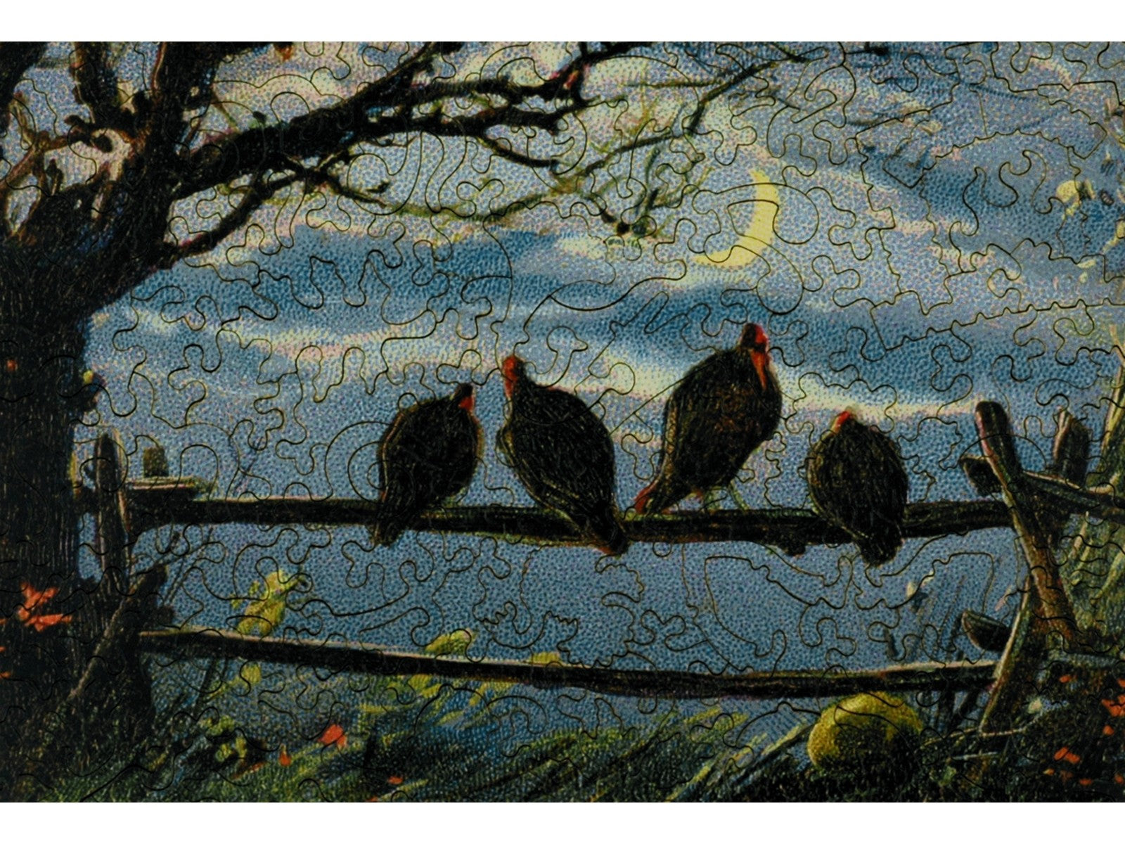 A closeup of the front of the puzzle, Thanksgiving Twilight, showing the detail in the pieces.