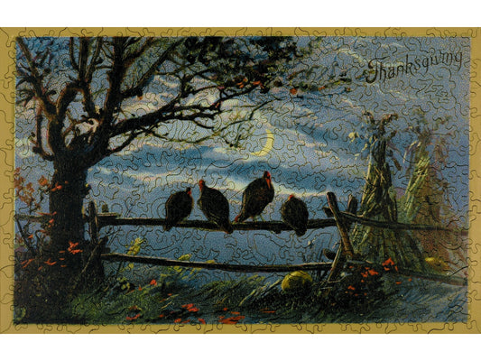 The front of the puzzle, Thanksgiving Twilight, with turkeys sitting on a fence.