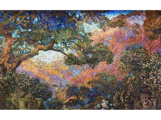 A closeup of the front of the puzzle, The Dream Garden, showing the detail in the pieces.