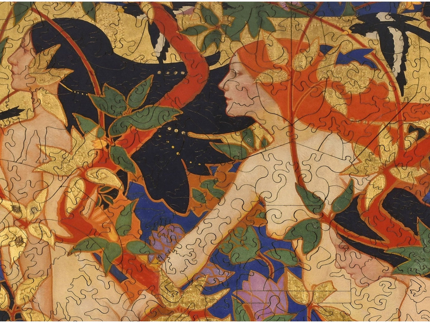 A closeup of the front of the puzzle, The Hunt (Diana and Her Nymphs), showing the detail in the pieces.