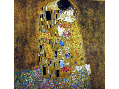 The front of the puzzle, The Kiss, which shows two people embracing.