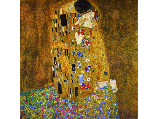 The front of the puzzle, The Kiss, which shows two people embracing.