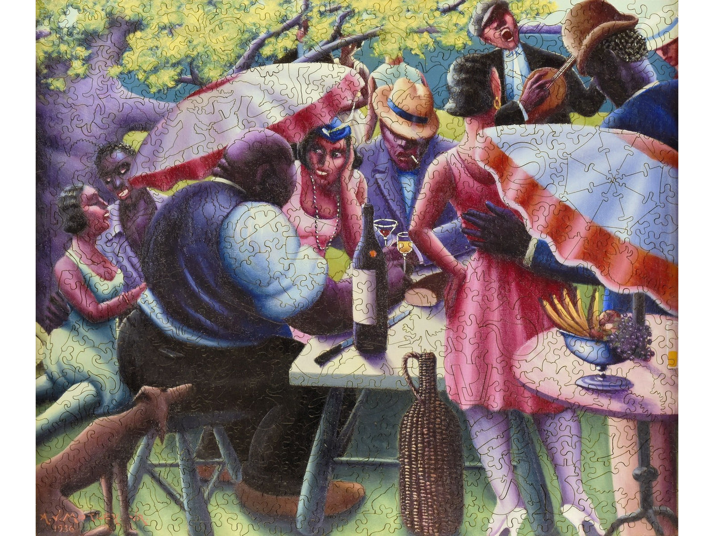 The front of the puzzle, The Picnic, with people enjoying a picnic while holding umbrellas.