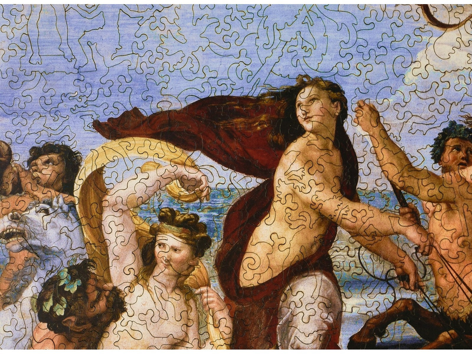 A closeup of the front of the puzzle, The Triumph of Galatea, showing the detail in the pieces.
