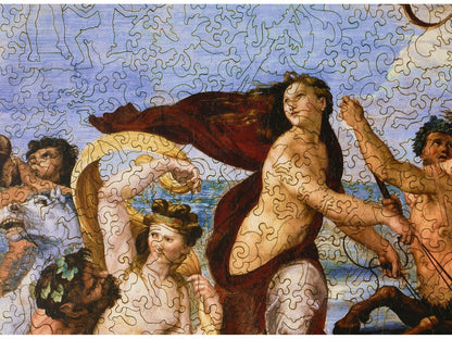A closeup of the front of the puzzle, The Triumph of Galatea, showing the detail in the pieces.