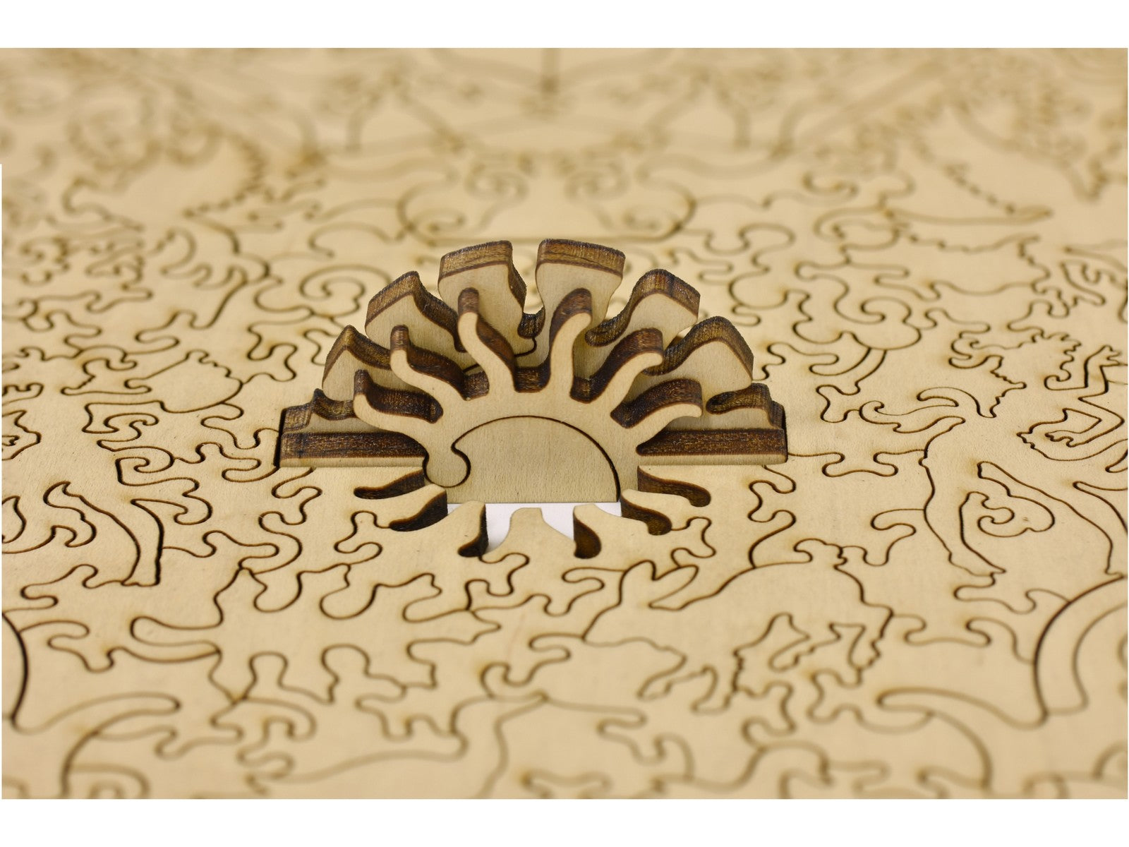 A closeup of pieces in the shape of a rising sun.