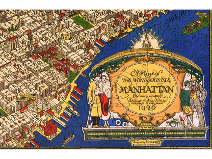A closeup of the front of the puzzle, The Wondrous Isle of Manhattan, showing the detail in the pieces.
