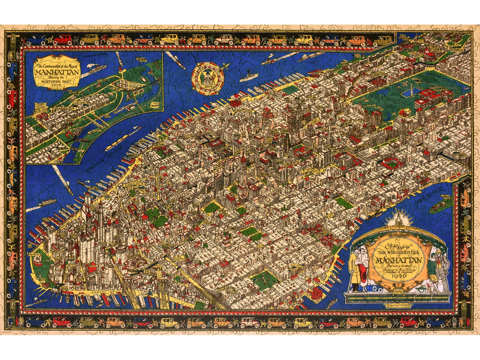 The front of the puzzle, The Wondrous Isle of Manhattan, which shows a vintage map of New York.