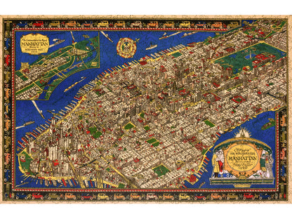 The front of the puzzle, The Wondrous Isle of Manhattan, which shows a vintage map of New York.