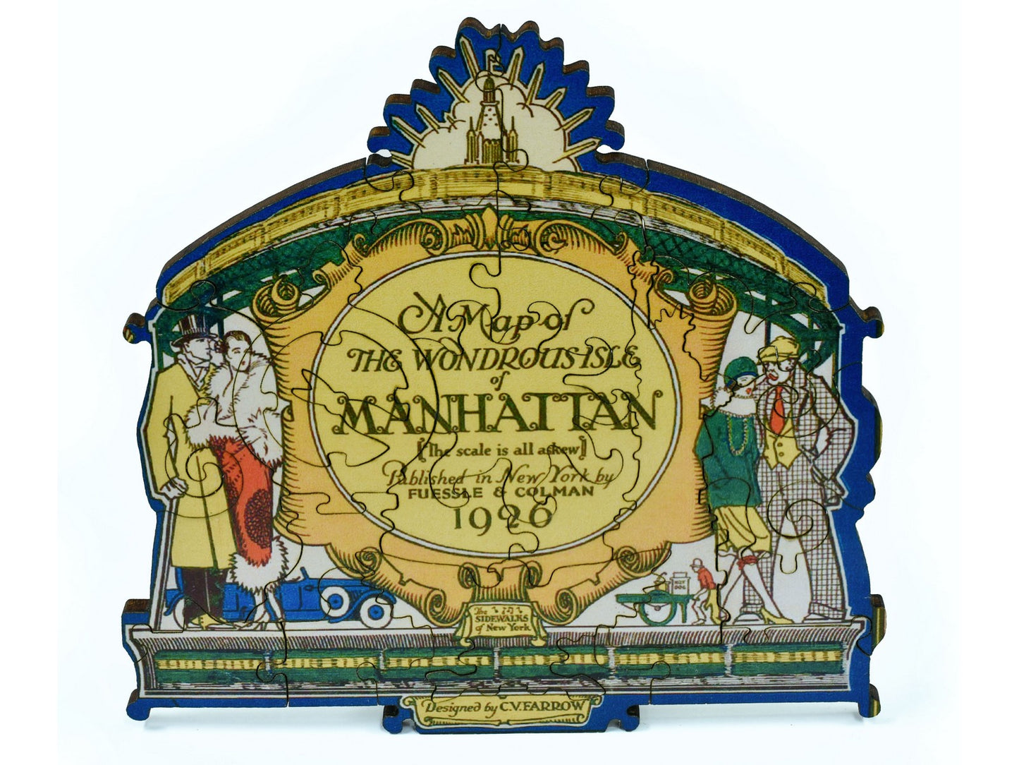 A closeup of pieces showing the title of the puzzle, A map of The Wondrous Isle of Manhattan.