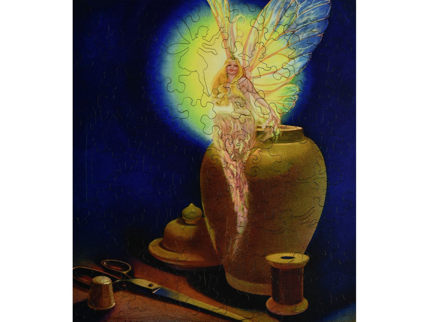 The front of the puzzle, Tinkerbell, which shows a glowing fairy sitting on a jar.