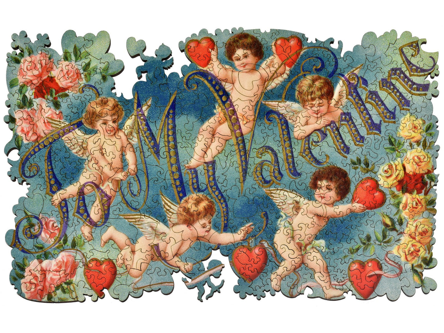 The front of the puzzle To My Valentine, which shows hearts and cherubs around the words "to my valentine".