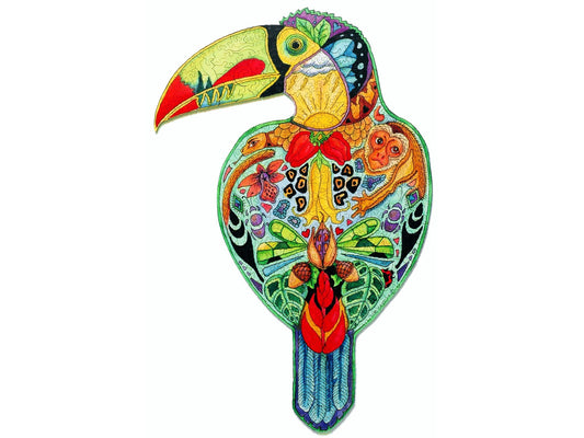 The front of the puzzle, Toucan, which shows brightly colored line drawings of various plants and animals in the shape of a toucan.