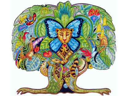 The front of the puzzle, Tree of Life, which shows various jungle plants and animals, in the shape of a tree.