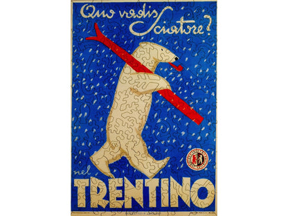 The front of the puzzle, Trentino Polar Bear, which shows a polar bear with red skis on a blue background.