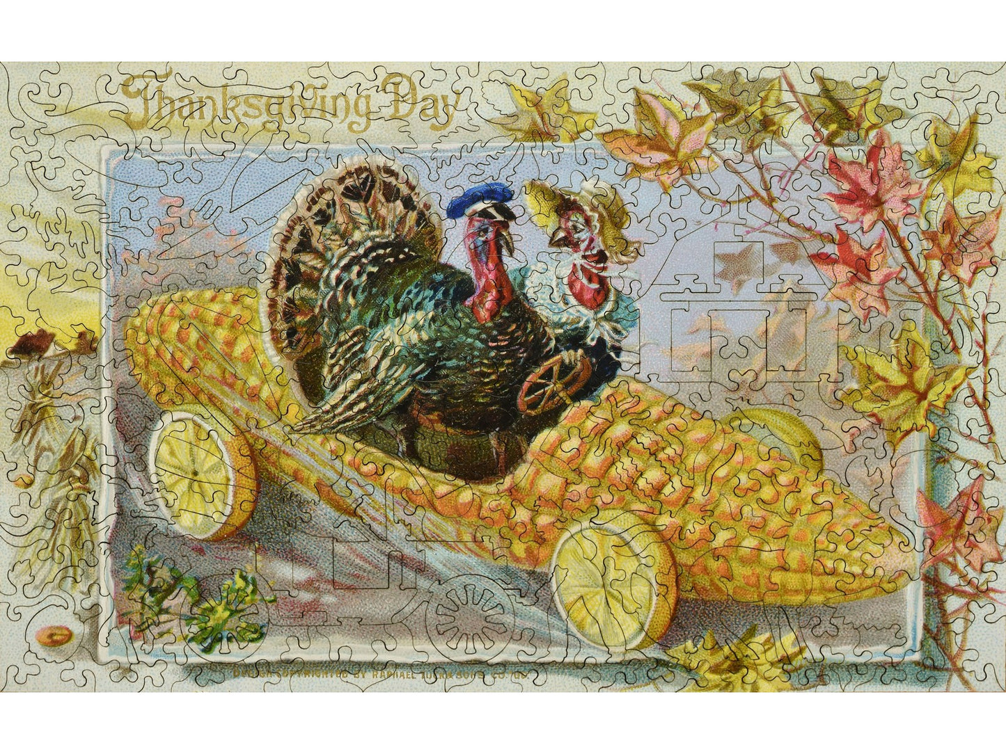 The front of the puzzle, Turkey Derby, which shows two turkeys riding in a corn cob car.